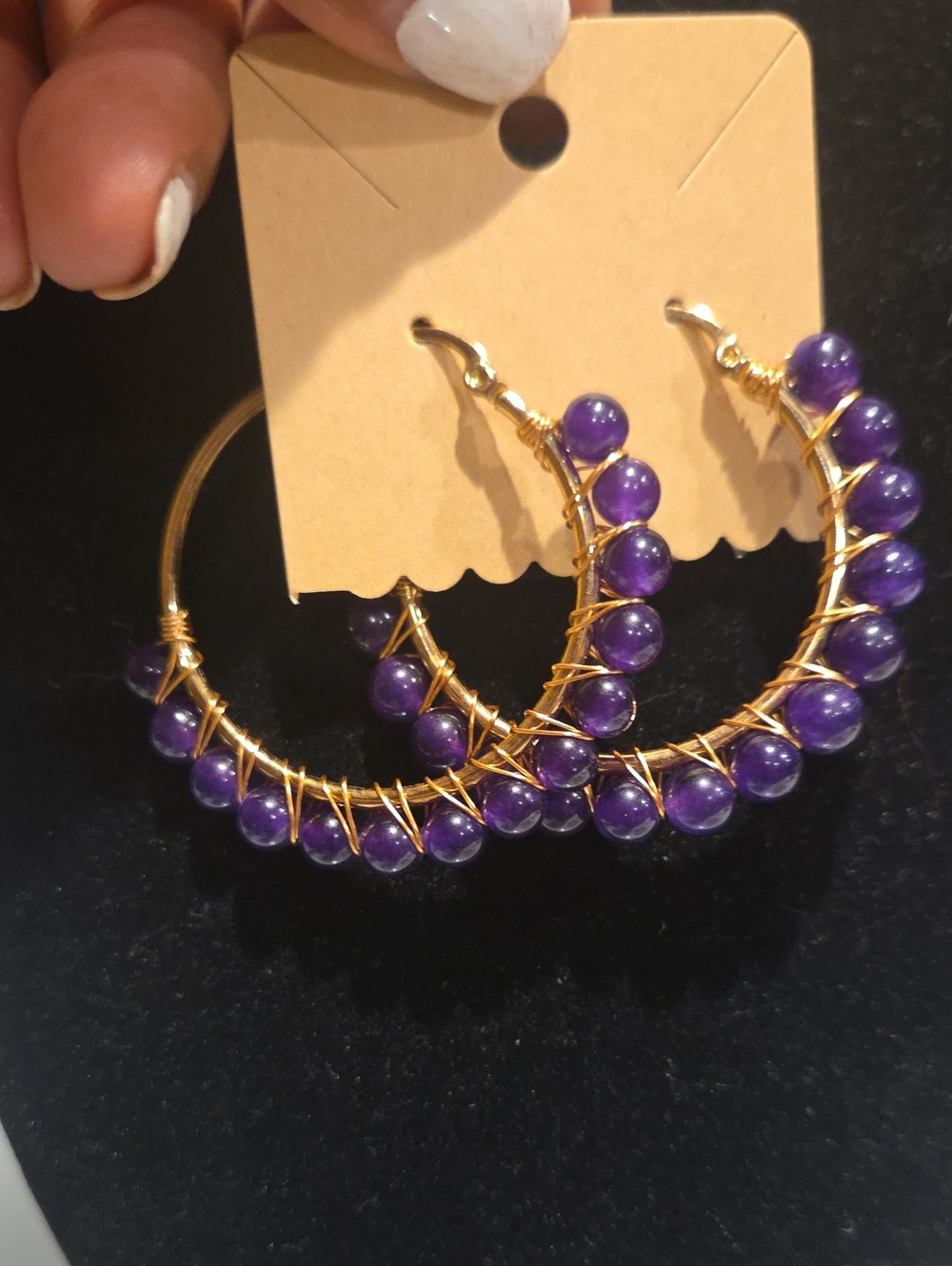 Gold Hoop Earrings with Purple Bead Accents